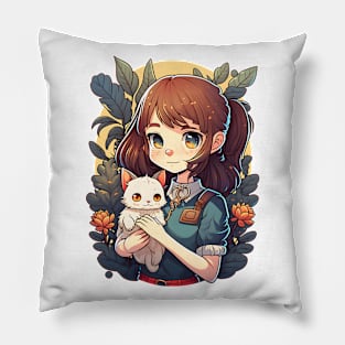 Girl and Cat Kawaii Anime Cat Lovers Pillow