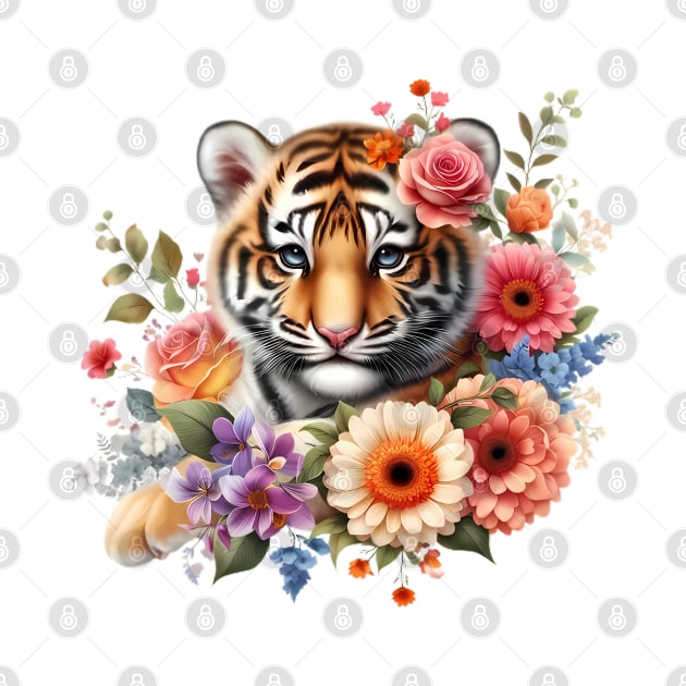 A baby tiger decorated with beautiful colorful flowers. by CreativeSparkzz