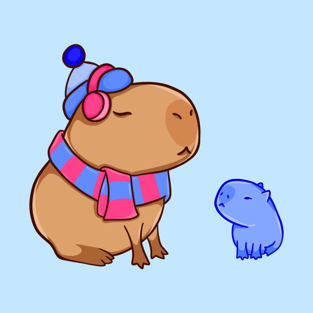 Capybara with a small snow capybara by manydoodles