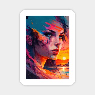 Beautiful Girl Abstract Art with Setting Sun Magnet