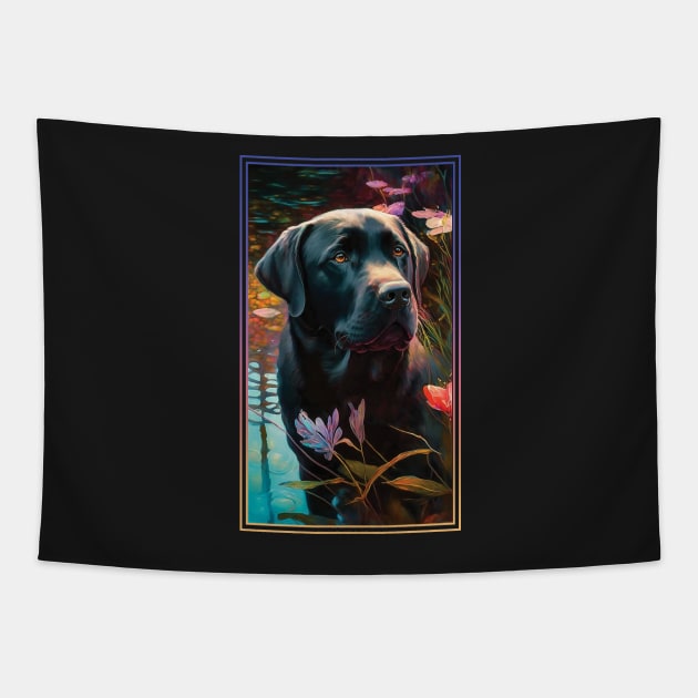 Black Labrador Retriever Dog Vibrant Tropical Flower Tall Digital Oil Painting Portrait Tapestry by ArtHouseFlunky