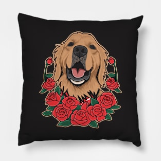 Brown Golden Retriever And Red Roses Pillow