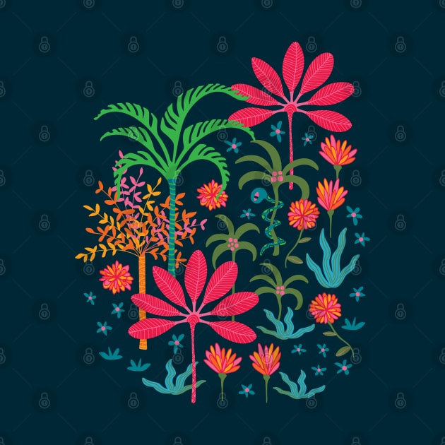 DREAM Bohemian Tropical Paradise Palm Trees Exotic Floral Botanical Plants with Cute Snake in Bright Red Green Blue Orange Yellow on Dark Blue - UnBlink Studio by Jackie Tahara by UnBlink Studio by Jackie Tahara