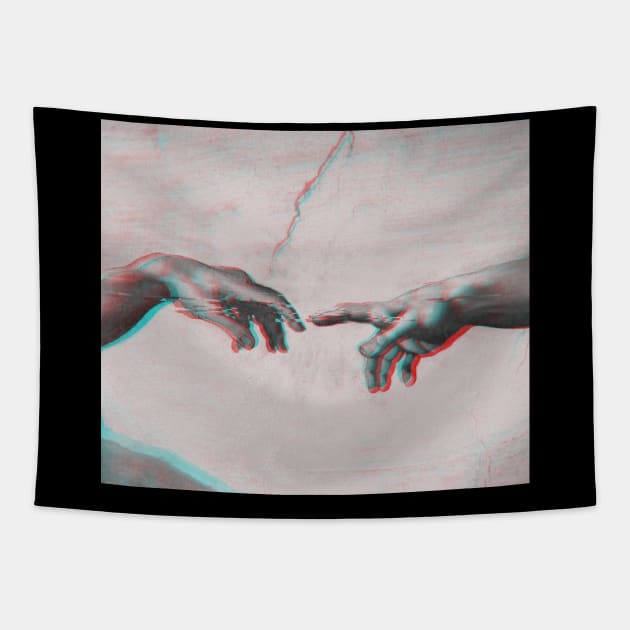 The Creation of Adam in GLITCH - Sistine Chapel near-touching hands of God and Adam Red Colorized Tapestry by raidman84