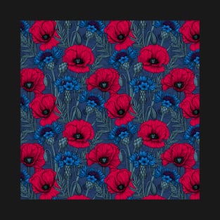 Red poppies and blue cornflowers on blue T-Shirt