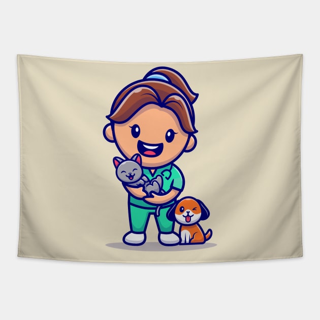 Cute Girl With Cat And Dog Cartoon Tapestry by Catalyst Labs