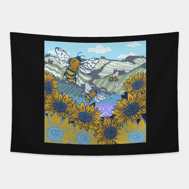 Honey Bees and Lavender Fields Linoprint Tapestry by NattyDesigns