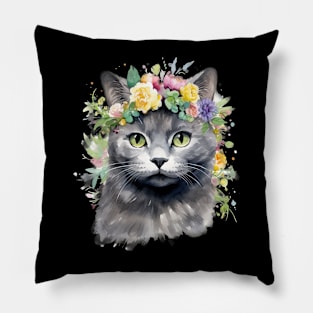 British Shorthair Cat Flowers Water Color Cat Mom Mother's Day Gift Pillow