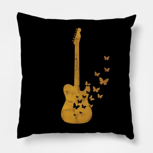 T-Style Electric Guitar Silhouette Turning Into Butterflies Gold Pillow