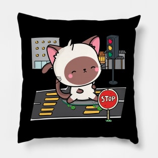 Funny white cat is on a skateboard Pillow