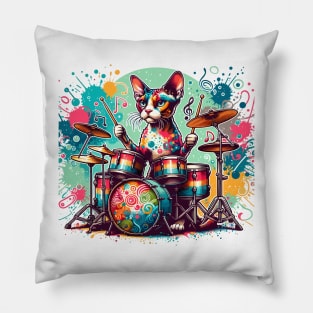 Devon Rex Cat Playing Drums Pillow