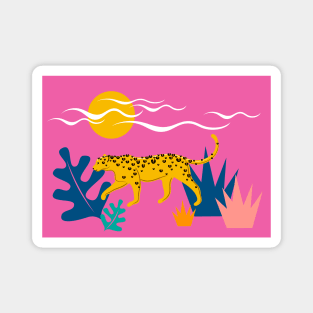 Walking Leopard Illustration ( pink background ) Magnet