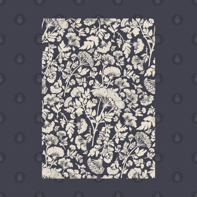 Cream Hemlock Print on Charcoal Grey -  Floral Repeat Pattern by NattyDesigns