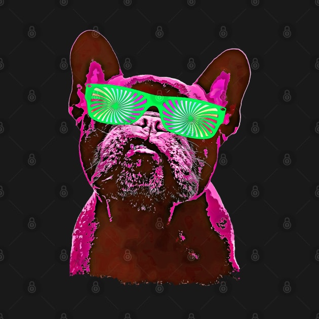 French bulldog 80s style neon with green psychelic glasses vivid purplish-red color by Collagedream