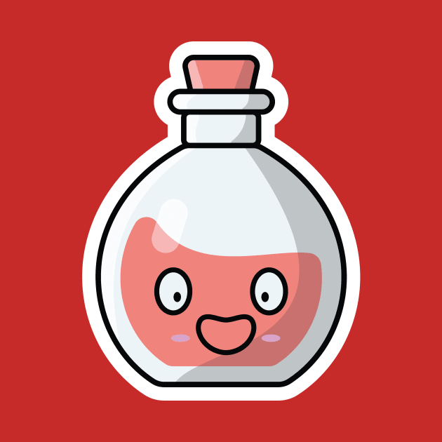 Potion Bottle with Cartoon Character Sticker vector illustration. Science object icon concept. Handsome cartoon with Potion sticker vector design. Cartoon character drink design. by AlviStudio