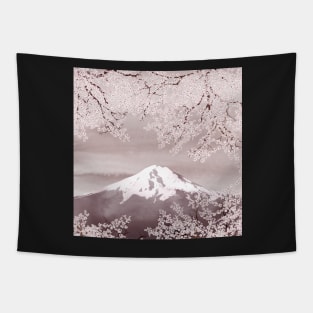 Cherry blossom branch on Fuji Mountain landscape. Watercolor spring Sakura blooming trees. Tapestry