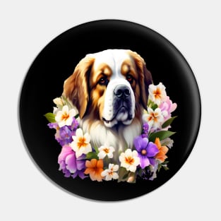 Saint Bernard Dog Surrounded by Beautiful Spring Flowers Pin