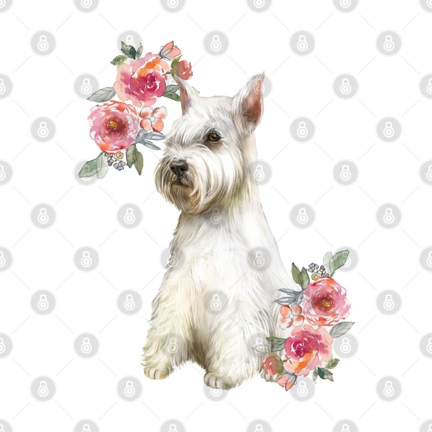 Cute White Schnauzer with Flowers Watercolor Art by AdrianaHolmesArt