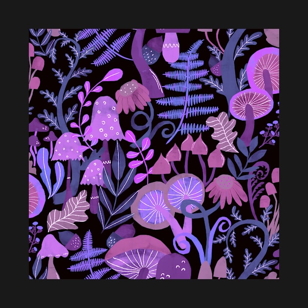 Woodland mushrooms toadstools purple pink black by Kimmygowland