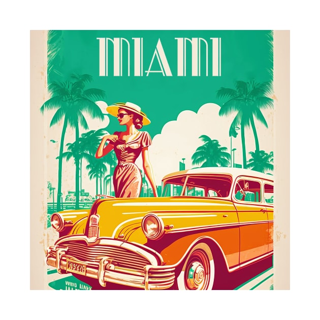 Miami Woman Vintage Travel Art Poster by OldTravelArt