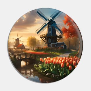 Windmill in Dutch Countryside by River with Tulips Pin