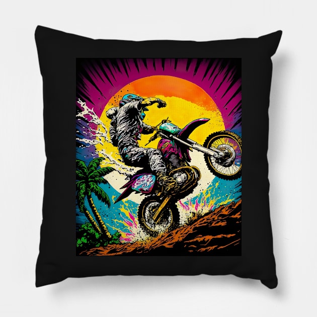 Dirt Bike With Orange Moon Pillow by KoolArtDistrict