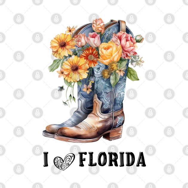 I Love Florida Boho Cowboy Boots with Flowers Watercolor Art by AdrianaHolmesArt