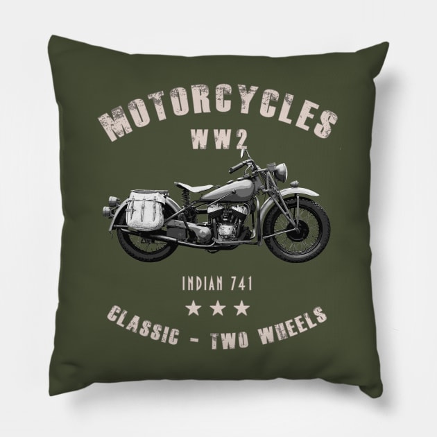 Indian 741 Retro Vintage Motorcycle WW2 Pillow by Jose Luiz Filho