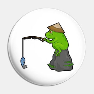 Frog on Stone at Fishing with Fishing rod & Fish Pin