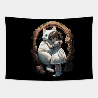 Anime Dream: Girl Embracing a Cat in Enchanting Portal Tapestry