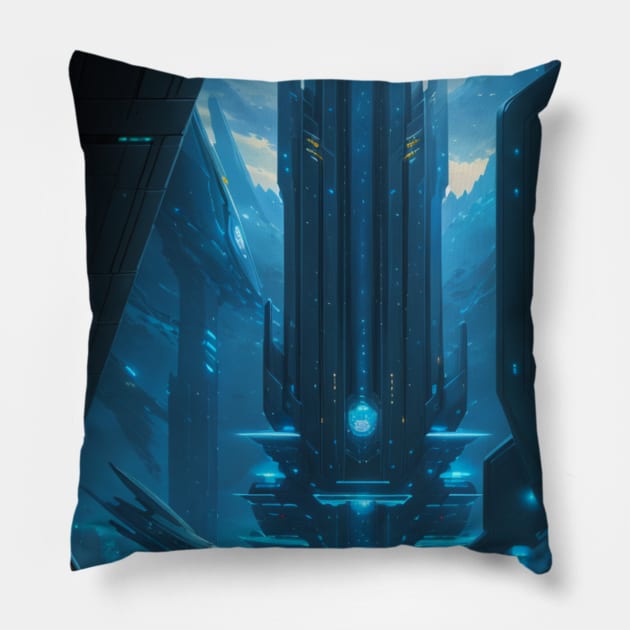 View of a Cyber City Spaceport Pillow by CursedContent