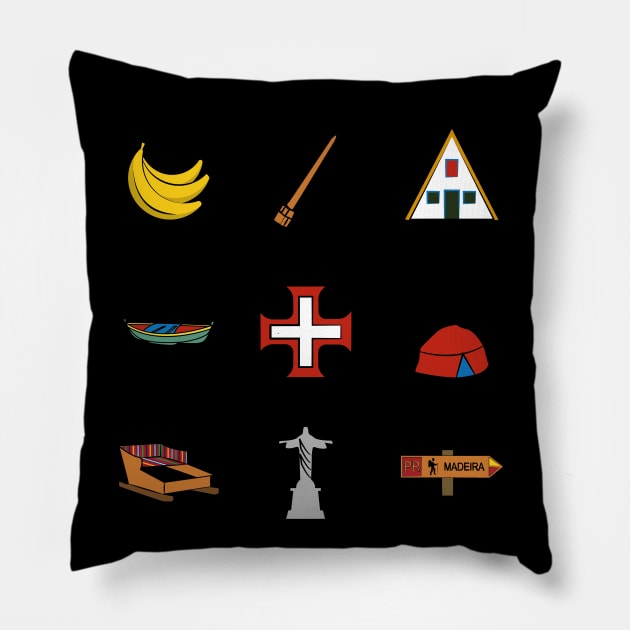 Madeira Island icons: Bananas, Poncha, Santana House, Fishing Boat, Cross, Folklore Hat, Toboggan Ride, Christ the Redeemer and Recommended Walking Route sign (PR) in colour Pillow by Donaby