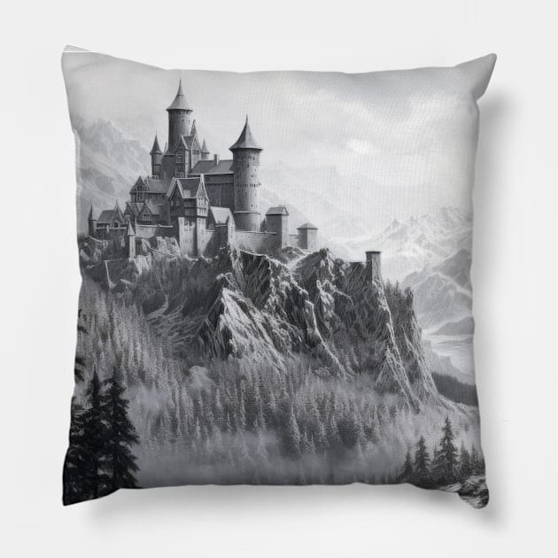 Fortress Mountain Castle Fantasy Story Ink Sketch Style Pillow by Cubebox