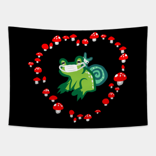 Red Mushroom Heart with Frog and Snail "Masked Goblincore Snuggles" Tapestry