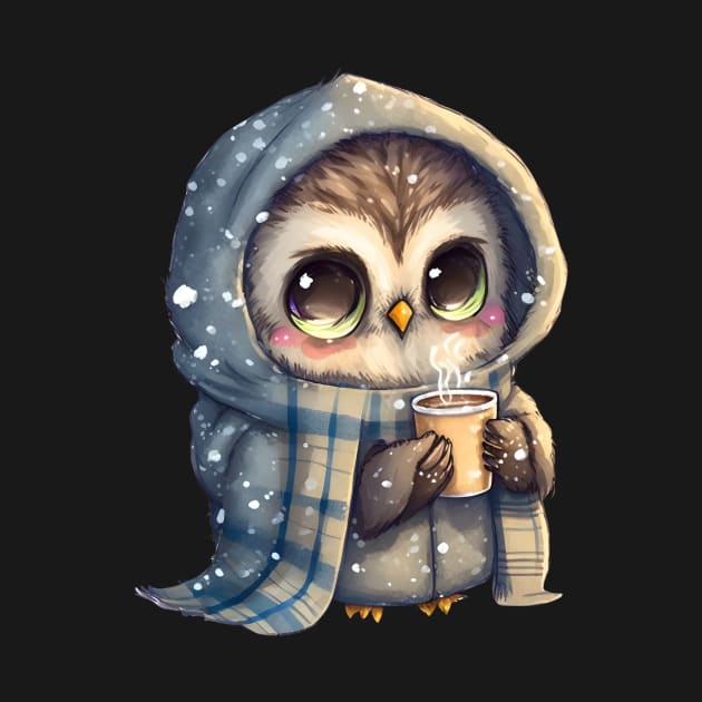 Chibi Owl Drinking Hot Chocolate cute christmas snow design series 5 by Mi Styles