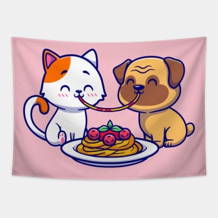 Cute Couple Cat And Pug Dog Eating Spaghetti Together Cartoon Tapestry