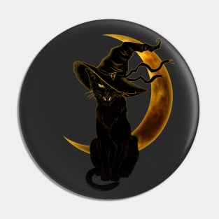 Black Cat with Witch Hat and Crescent Moon Pin