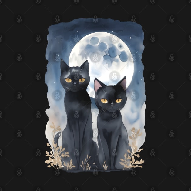 Mysterious black cats under full moon in dark atmosphere, watercolor style by Collagedream