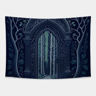 Arched door in a forest with trees. Tapestry