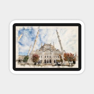 Sabanci Central Mosque in Adana, Turkey watercolor illustration Magnet