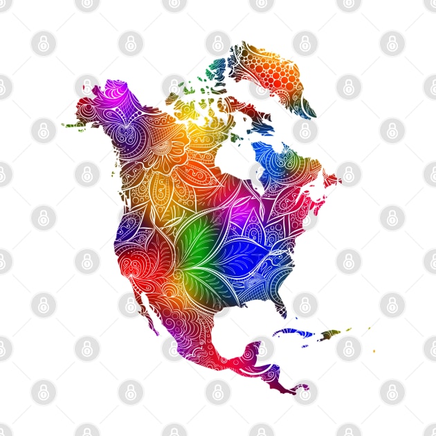 Colorful mandala art map of North America with text in multicolor pattern by Happy Citizen