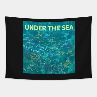 under the sea,blue sea,sea creatures,Turtle, puffer fish, starfish, shrimp, shark, tropical fish, sea horse, seaweed, sardines, squid, crabs, clams Tapestry