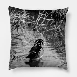 Wood duck in black and white Pillow