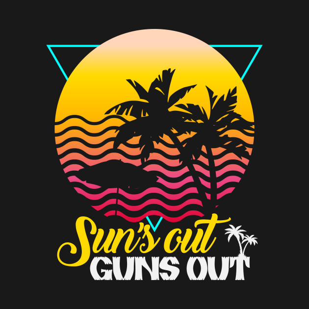 Disover Suns Out Guns Out Retro 80s Beach Scene Palm Tree Sunset - Retro 80s - T-Shirt