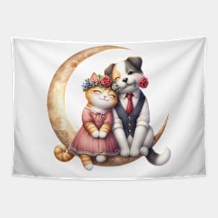 Valentine Pet Couple on Moon Tapestry