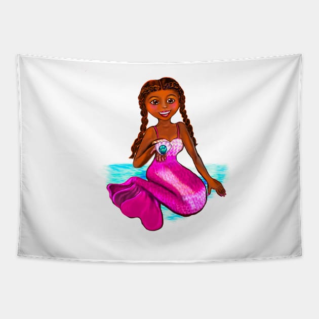 Anime mermaid holding a rare black pearl, brown eyes, Afro hair in two cane rows  and caramel brown skin - light background Tapestry by Artonmytee