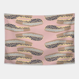 abstract horizontal shapes brown light blue navy blue yellow on a pink background Tapestry