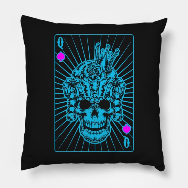 Queen of Spades Blue Skull Pillow by Ravensdesign