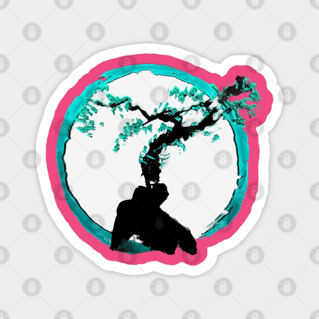 ocean teal tree of life on a enso circle - Sumi inspired Bonsai tree Magnet by Trippy Critters