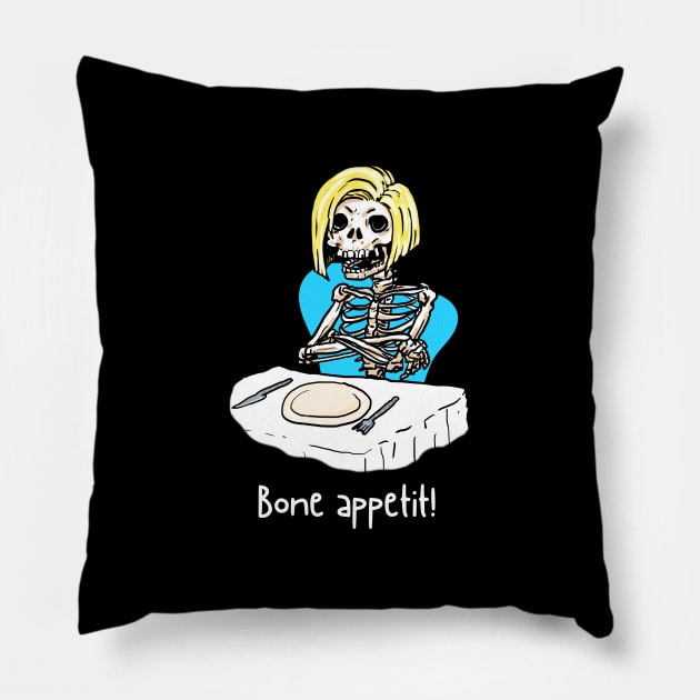 Bone appetit funny skeleton pun Pillow by Moonwing